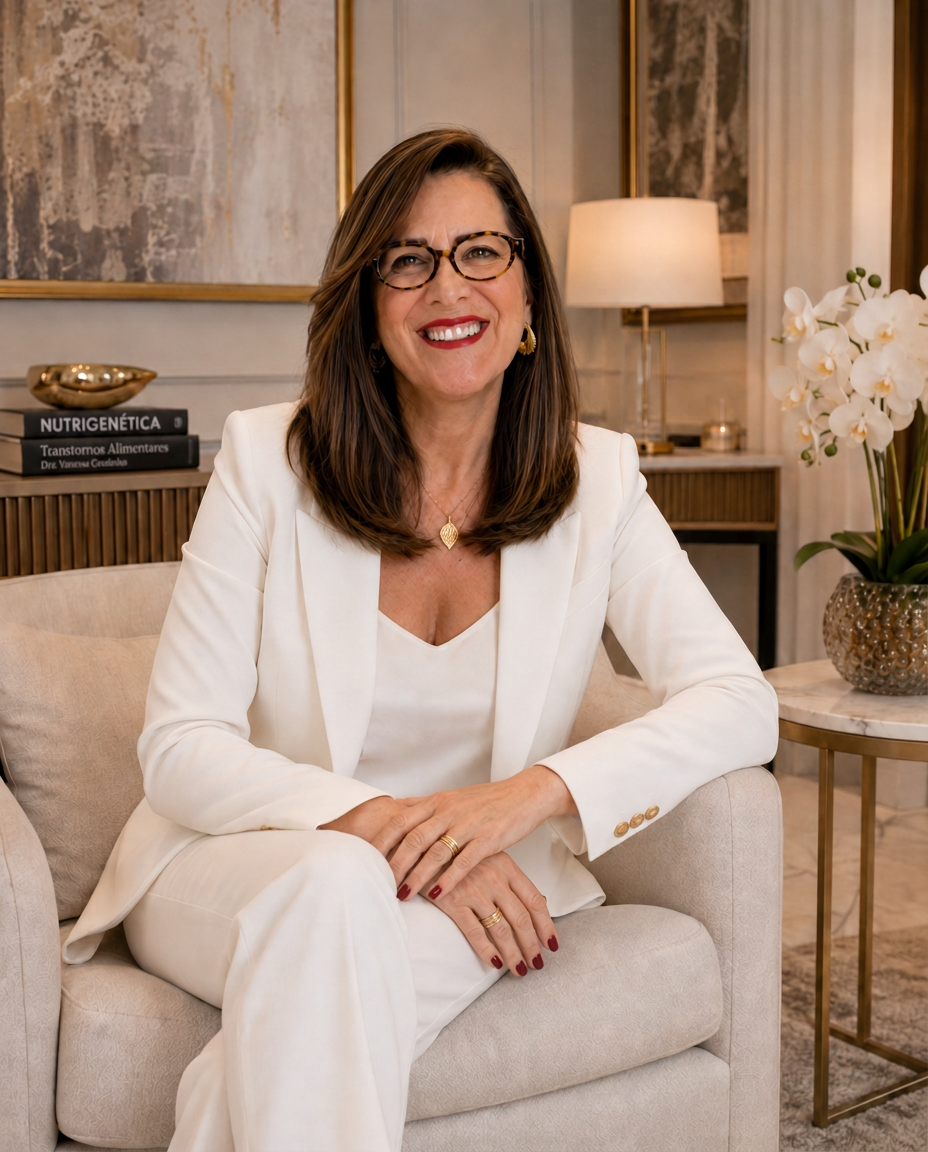 Dra. Vanessa Coutinho sentada, de terno branco, em poltrona cor creme
