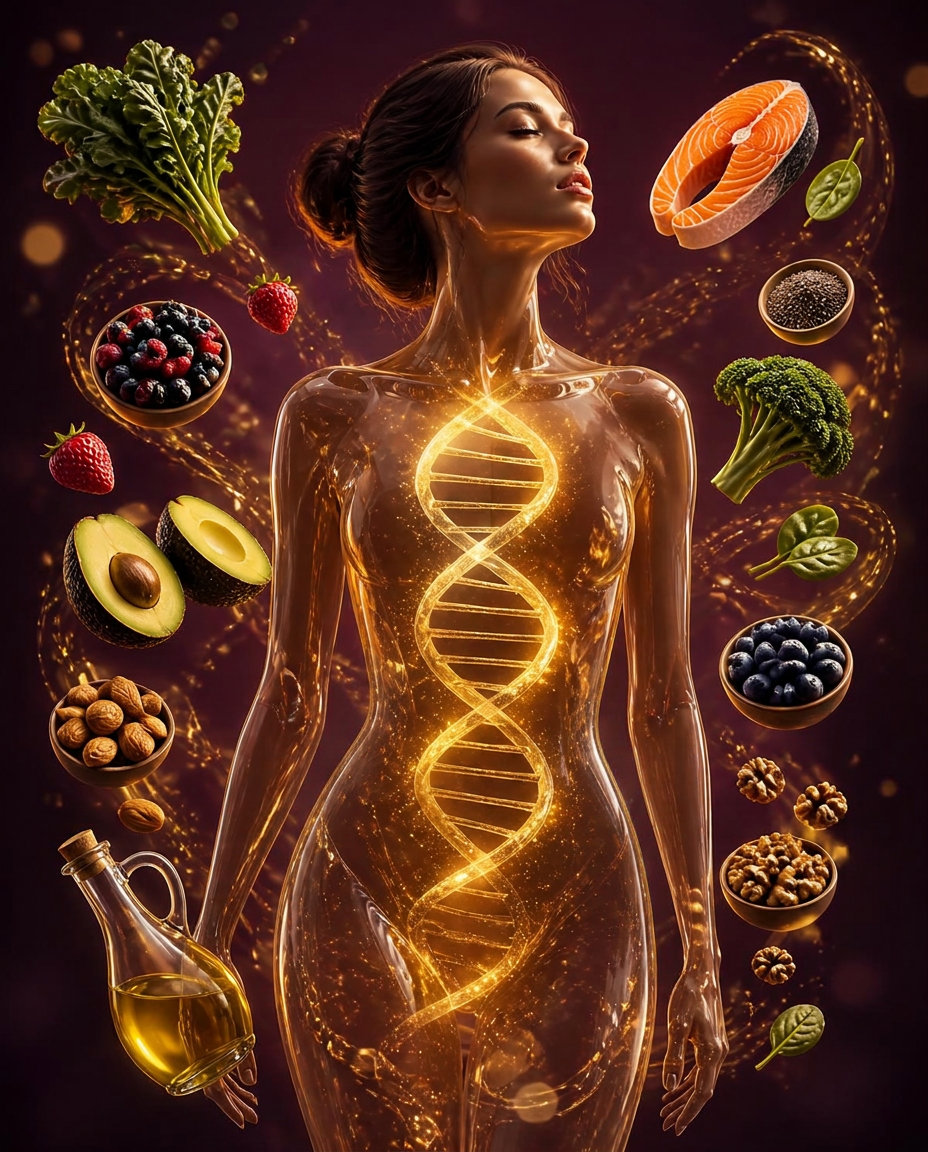 Ilustração surrealista de uma mulher translúcida com um DNA dourado luminoso no interior do corpo, cercada por alimentos saudáveis